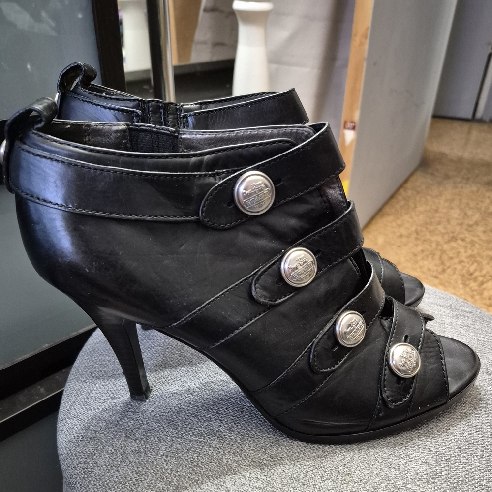 Coach Black Heeled Sandals with Silver Buttons